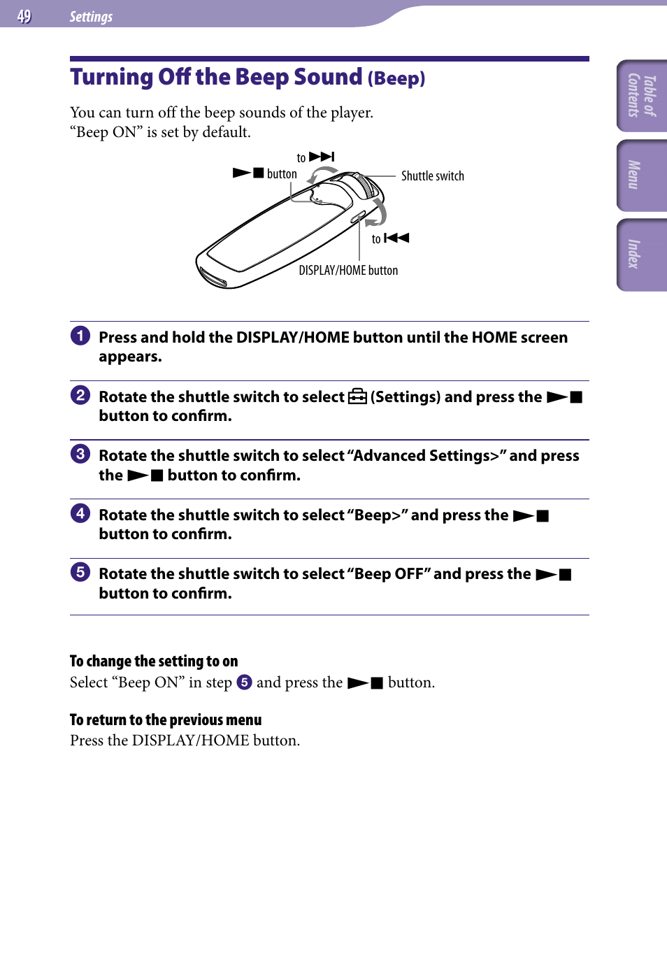 Turning off the beep sound (beep), Turning off the beep sound, Beep) | Beep | Sony NW-S705FBLACK User Manual | Page 49 / 113