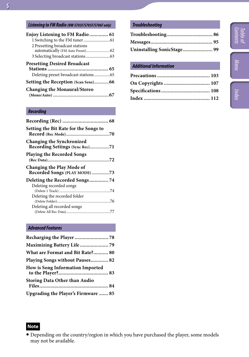 Table of cont ents inde x menu | Sony NW-S705FBLACK User Manual | Page 5 / 113