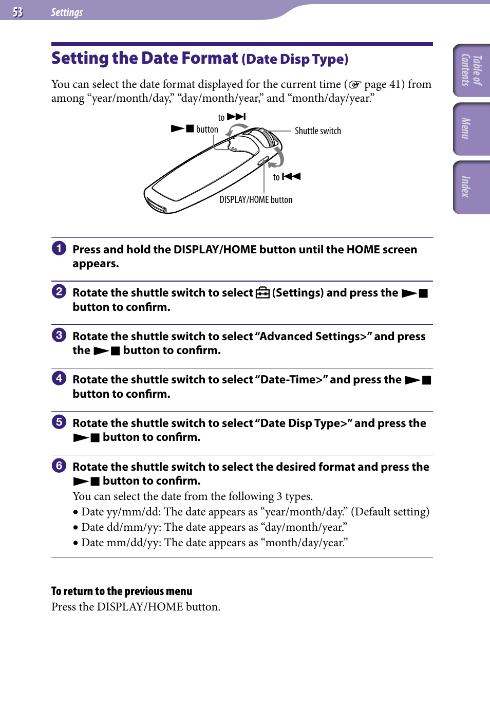 Setting the date format (date disp type), Setting the date format, Date disp type) | Date disp type | Sony NW-S705FBLACK User Manual | Page 53 / 113