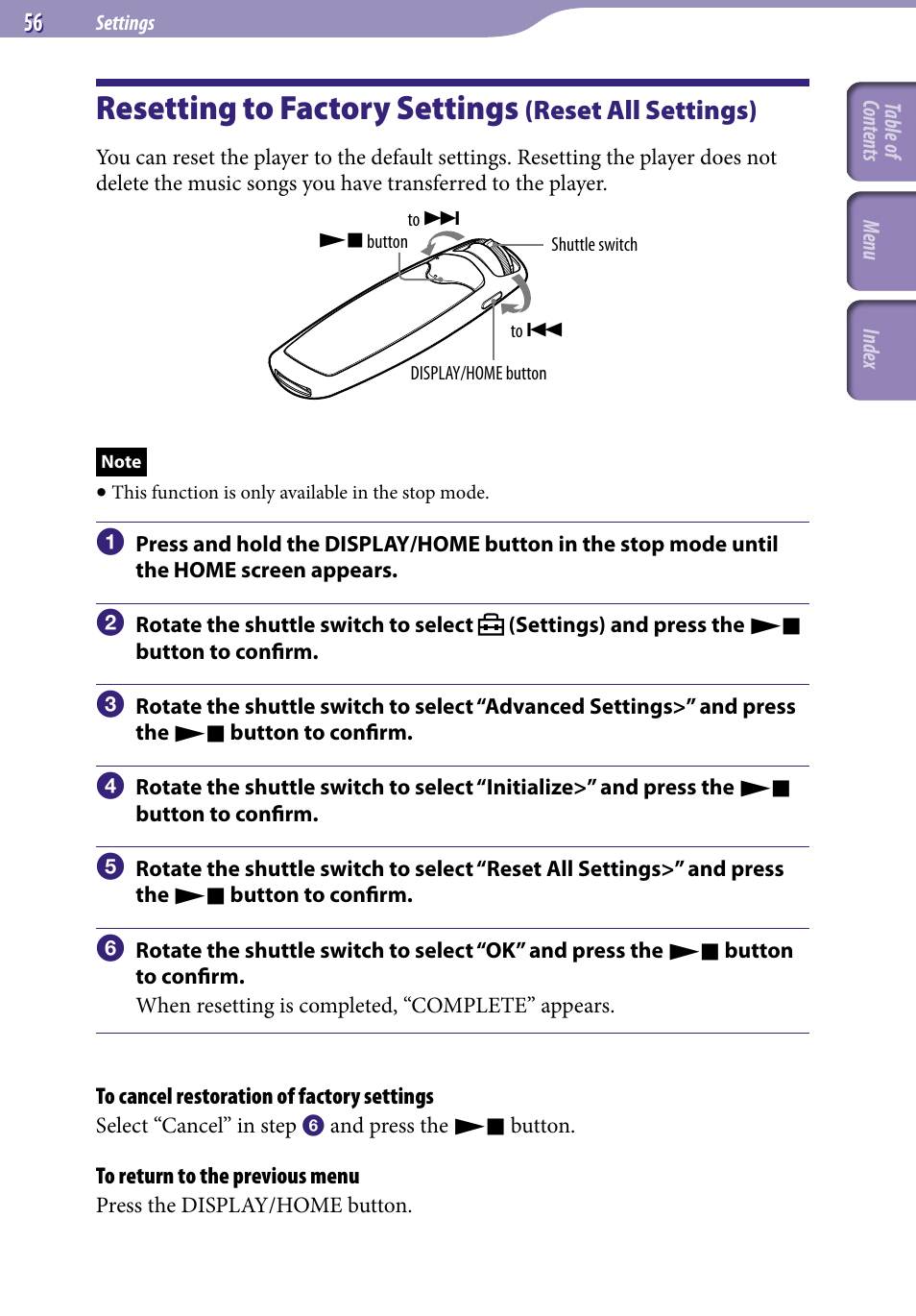 Resetting to factory settings (reset all settings), Resetting to factory settings, Reset all settings) | Reset all settings | Sony NW-S705FBLACK User Manual | Page 56 / 113