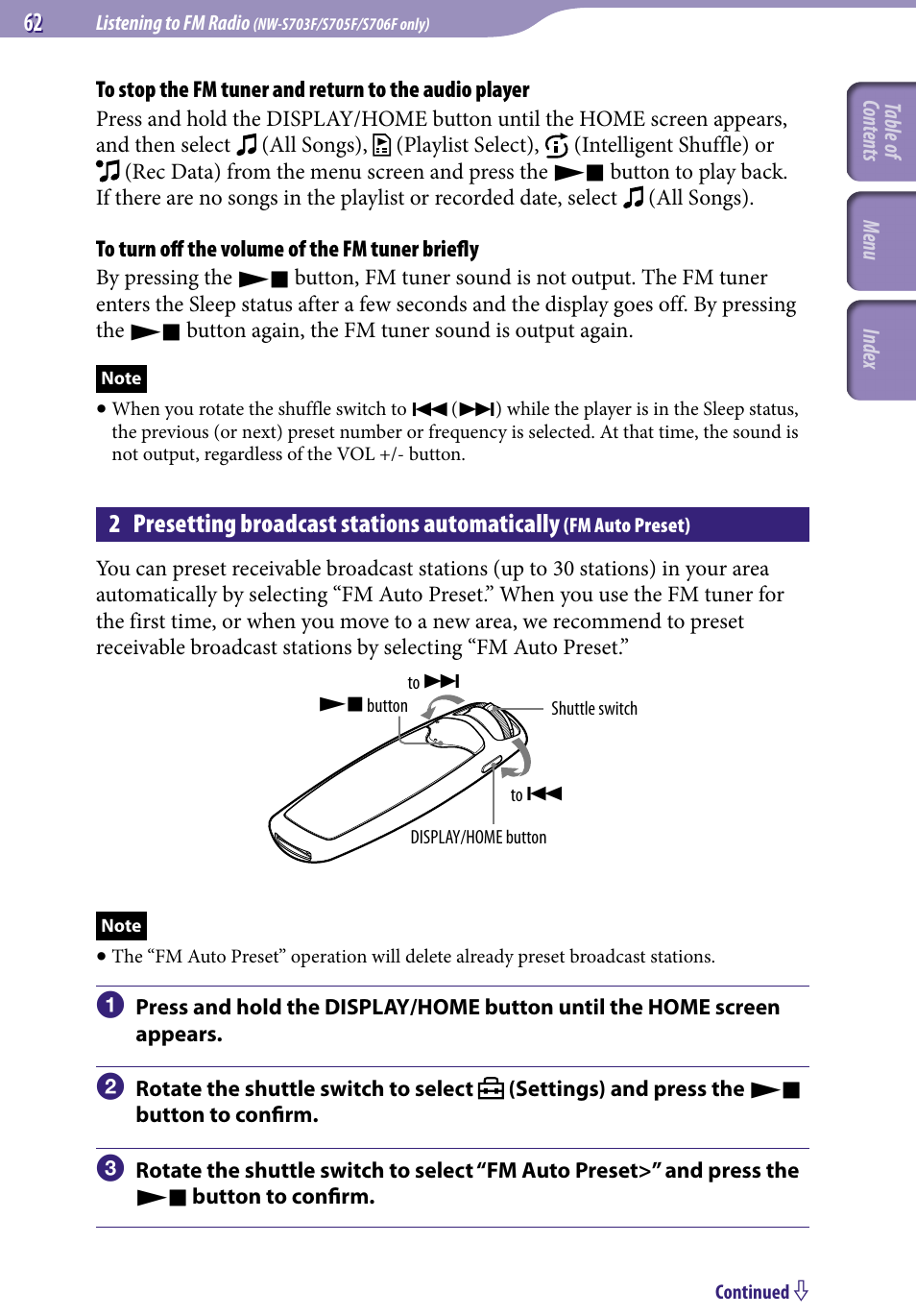 2 presetting broadcast stations, Automatically, Fm auto preset) | Fm auto preset, 2 presetting broadcast stations automatically | Sony NW-S705FBLACK User Manual | Page 62 / 113