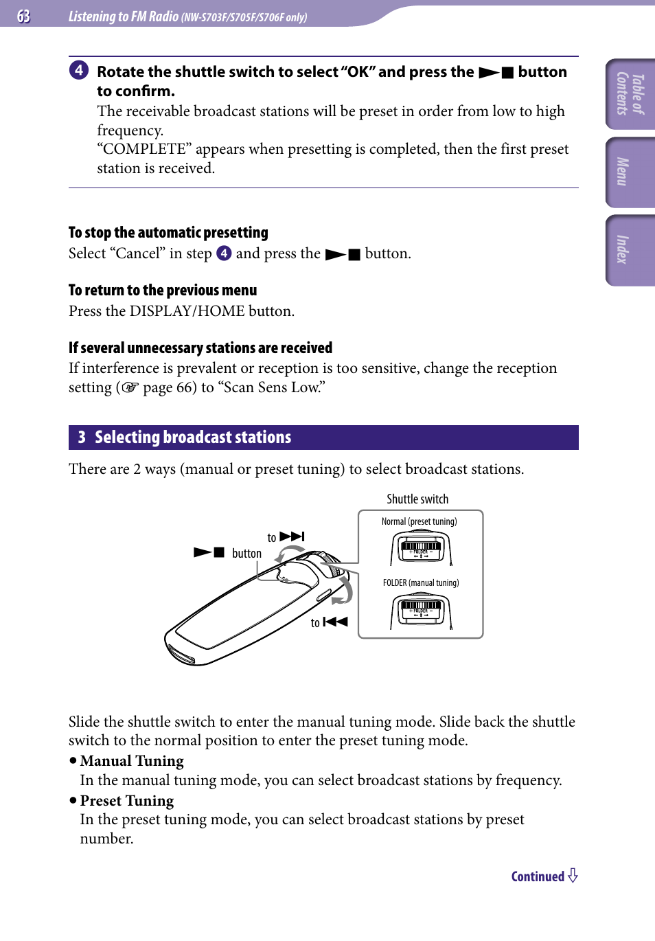 3 selecting broadcast stations | Sony NW-S705FBLACK User Manual | Page 63 / 113