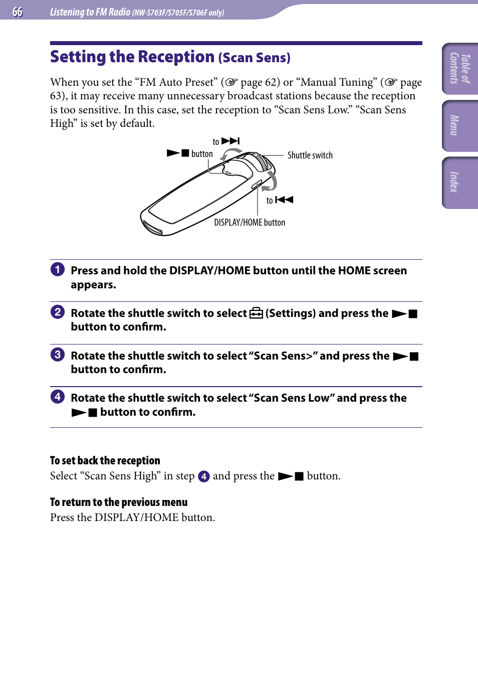 Setting the reception (scan sens), Setting the reception, Scan sens) | Scan sens | Sony NW-S705FBLACK User Manual | Page 66 / 113