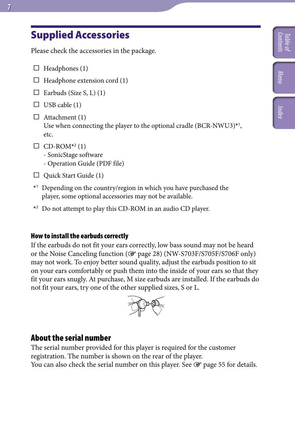 Supplied accessories, About the serial number | Sony NW-S705FBLACK User Manual | Page 7 / 113