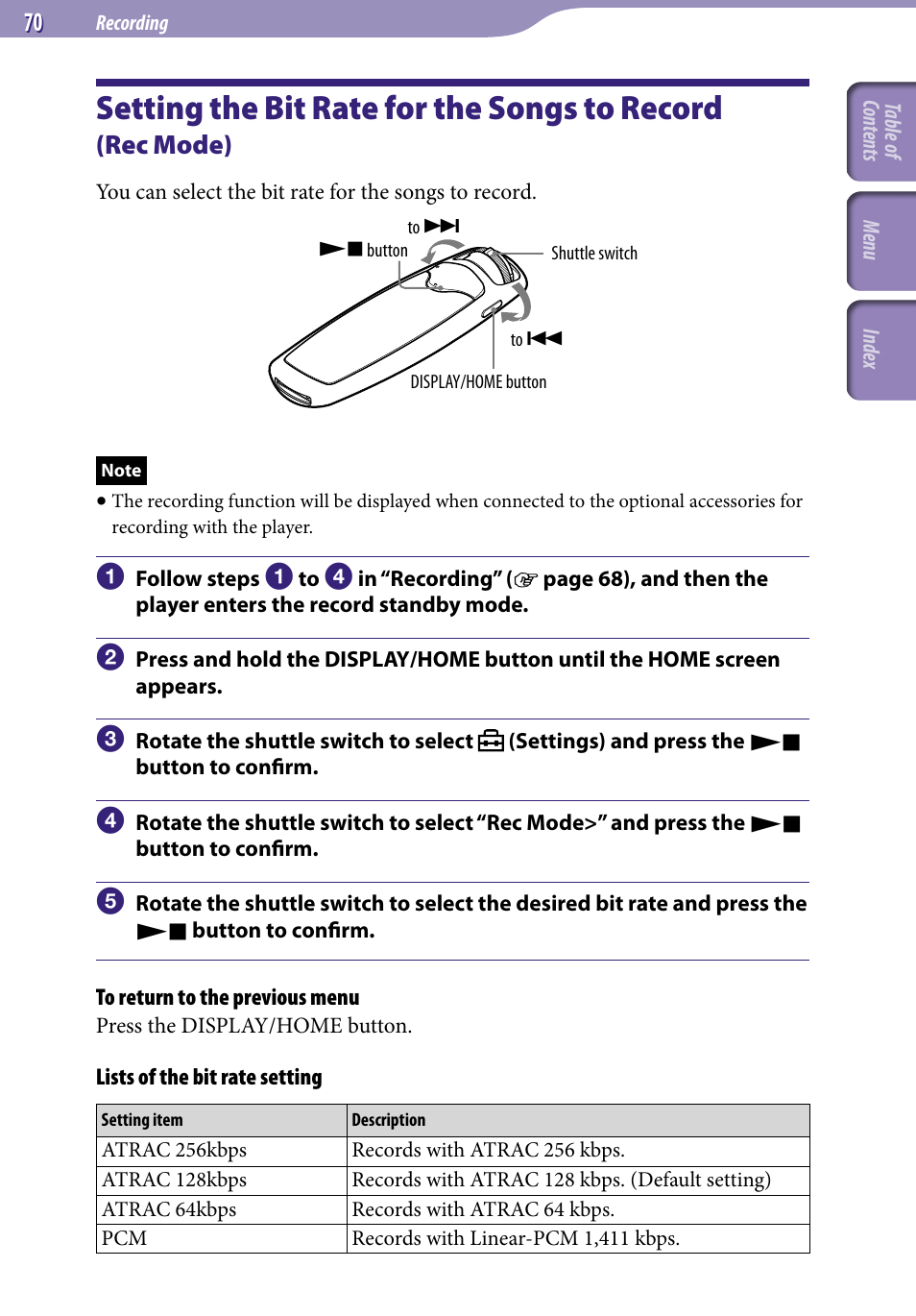 Setting the bit rate for the songs to, Record, Rec mode) | Rec mode, Setting the bit rate for the songs to record | Sony NW-S705FBLACK User Manual | Page 70 / 113