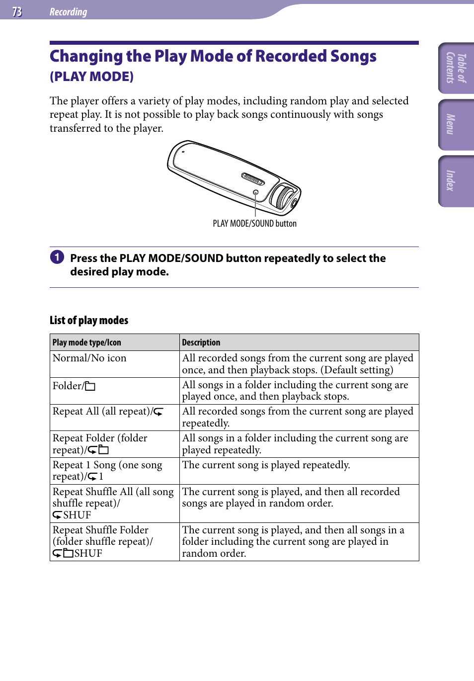 Changing the play mode of, Recorded songs, Play mode) | Changing the play mode of recorded songs | Sony NW-S705FBLACK User Manual | Page 73 / 113