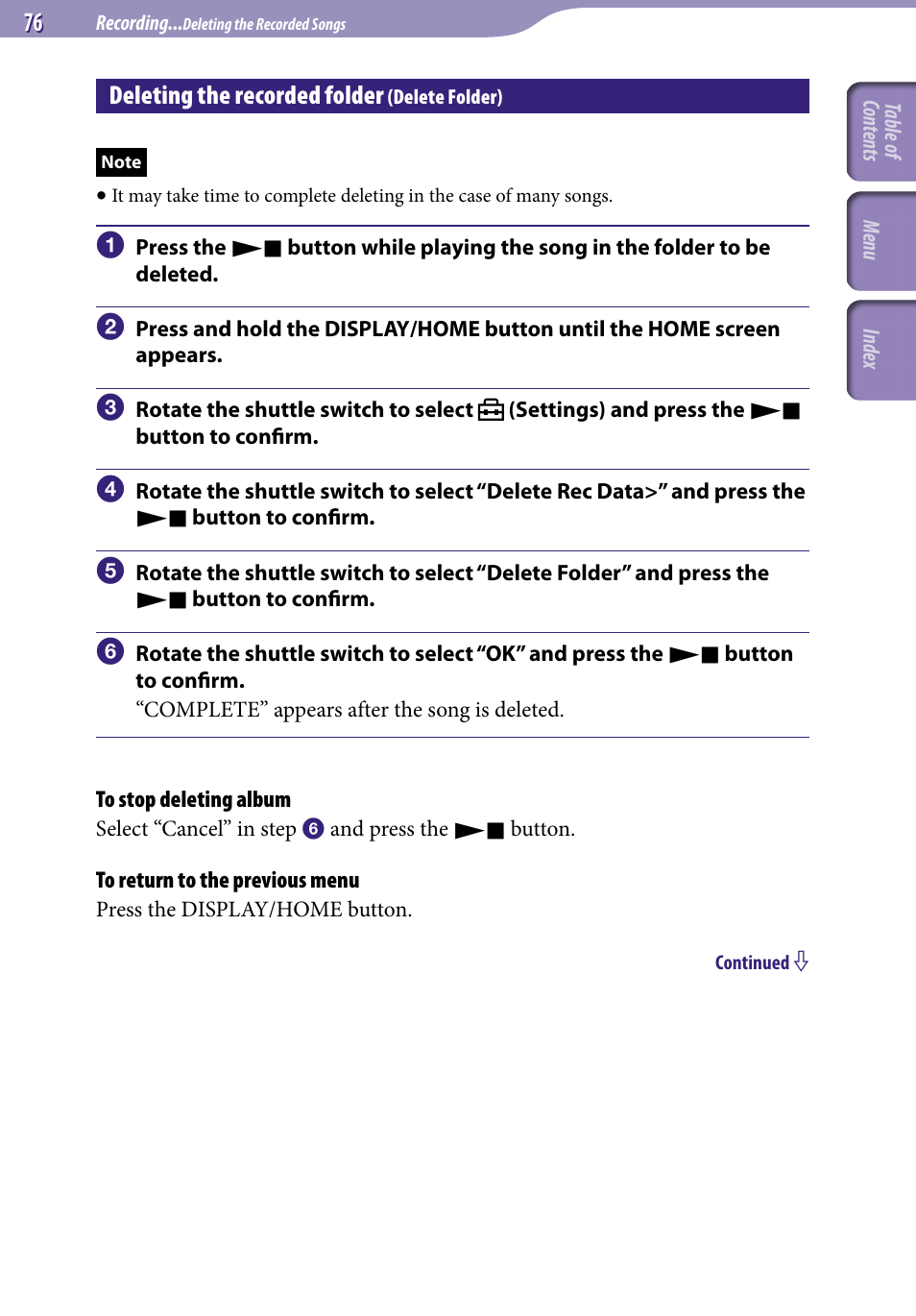 Deleting the recorded folder (delete folder), Deleting the recorded folder, Delete folder) | Delete folder | Sony NW-S705FBLACK User Manual | Page 76 / 113