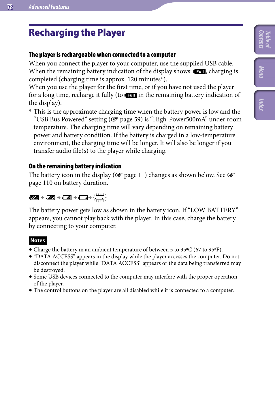 Advanced features, Recharging the player | Sony NW-S705FBLACK User Manual | Page 78 / 113