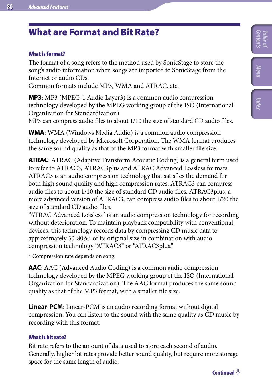 What are format and bit rate | Sony NW-S705FBLACK User Manual | Page 80 / 113