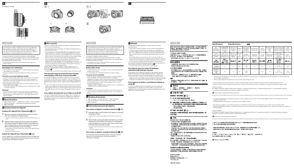Rear side, Remarques sur l’utilisation, Noms des pièces | Mise au point, Notas sobre el uso, Nombres de las piezas, Enfoque, Spécifications especificaciones | Sony SAL-30M28 User Manual | Page 2 / 2