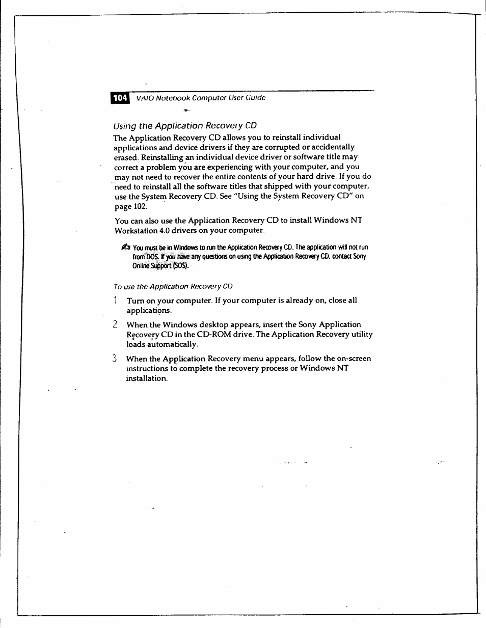 Using the appliciition recovery cd | Sony PCG-735 User Manual | Page 112 / 131