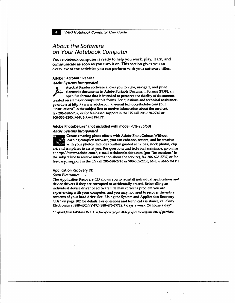 About the software on your notebook computer, Application recovery cd sony electronics | Sony PCG-735 User Manual | Page 14 / 131