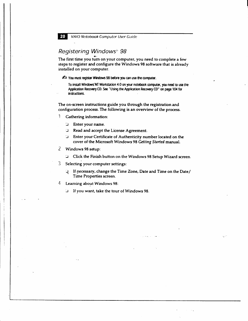 Registering windows- 98, Registering windows® 98 | Sony PCG-735 User Manual | Page 30 / 131