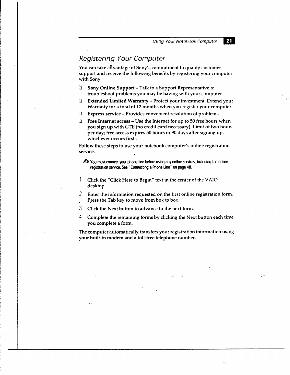 Registering your computer | Sony PCG-735 User Manual | Page 31 / 131