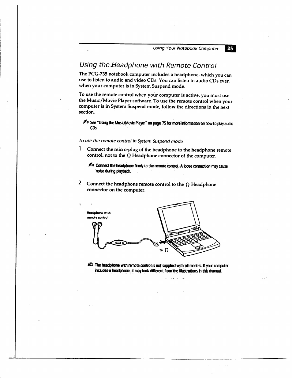 Using the-headphone with remote control, Using the headphone with remote control | Sony PCG-735 User Manual | Page 45 / 131