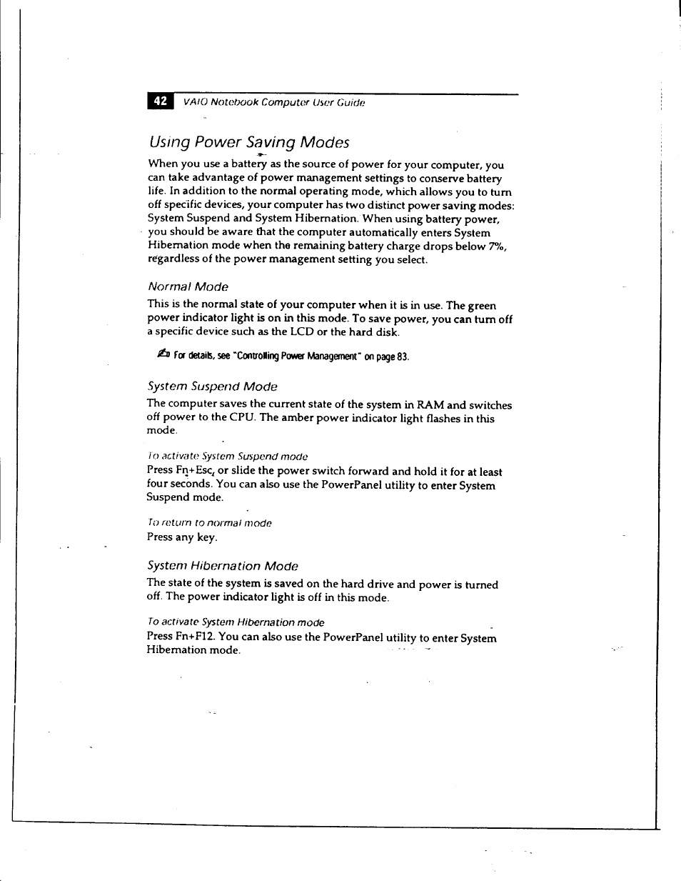 Using power saving modes, Normal mode, System suspend mode | System hibernation mode | Sony PCG-735 User Manual | Page 52 / 131