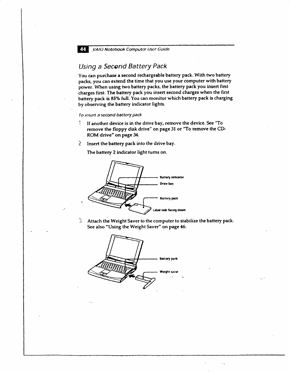 Using a second battery pack | Sony PCG-735 User Manual | Page 54 / 131