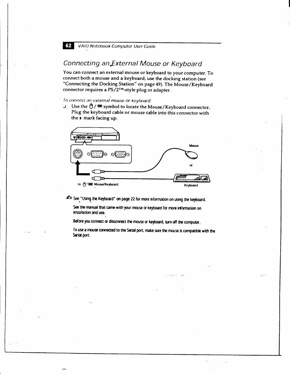 Connecting an^xternal mouse or keyboard, Connecting an external mouse or keyboard | Sony PCG-735 User Manual | Page 72 / 131