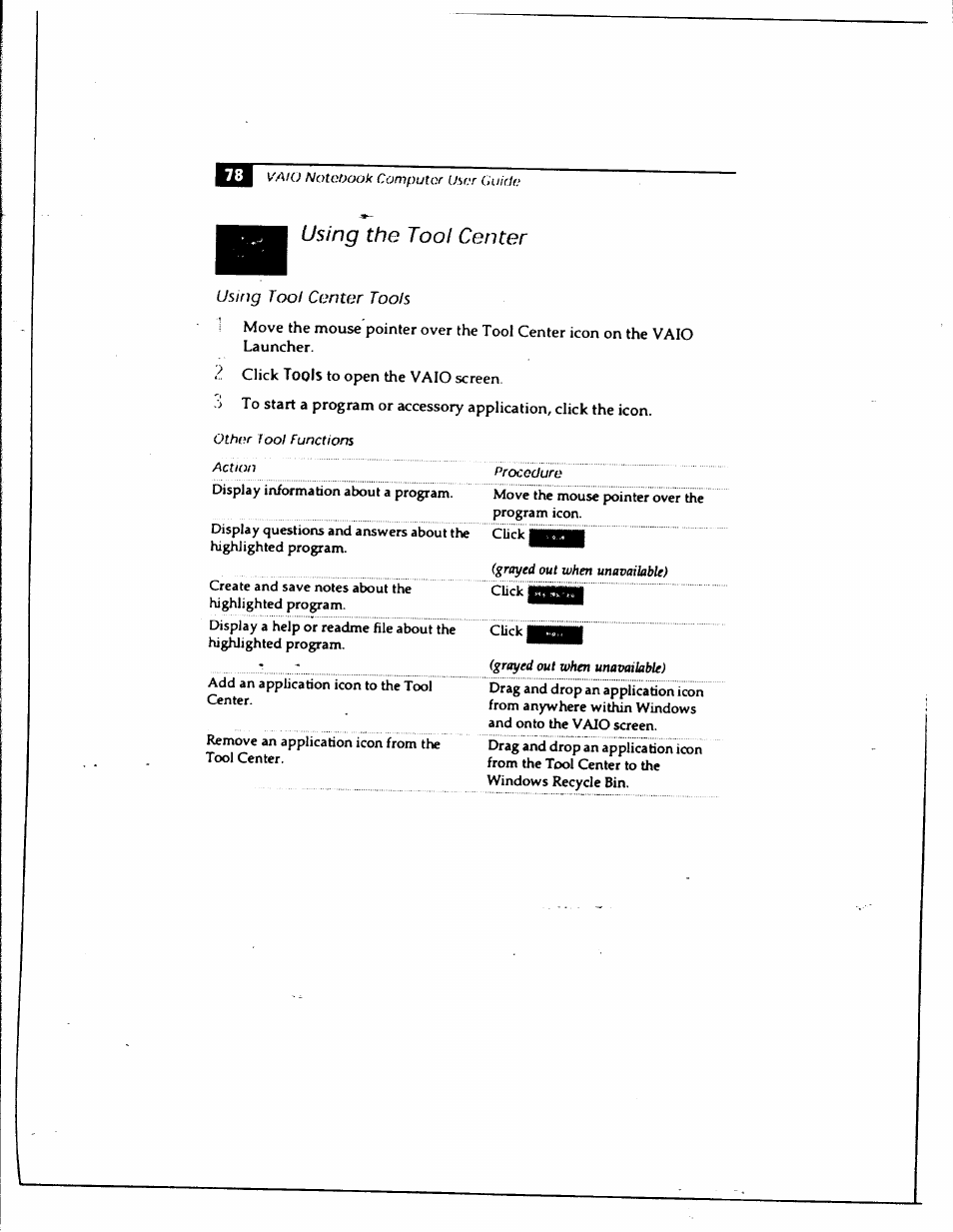 Using the tool center, Using tool center tools, Using thctool center | Sony PCG-735 User Manual | Page 87 / 131