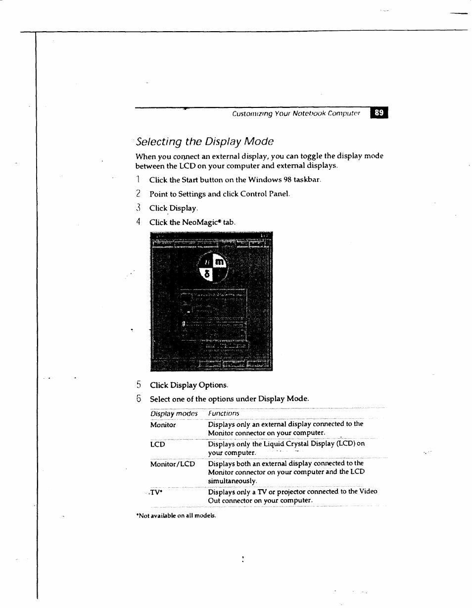 Selecting the display mode, Click display options, Select one of the options under display mode | Monitor lcd monitor/lcd, Not available on all models | Sony PCG-735 User Manual | Page 98 / 131