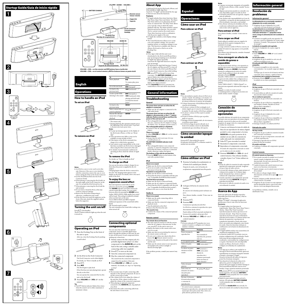 General information, English operations, Español operaciones | Startup guide/guía de inicio rápido, Información general, About app, Troubleshooting, How to handle an ipod, Turning the unit on/off, Operating an ipod | Sony RDP-T50iP User Manual | Page 2 / 2