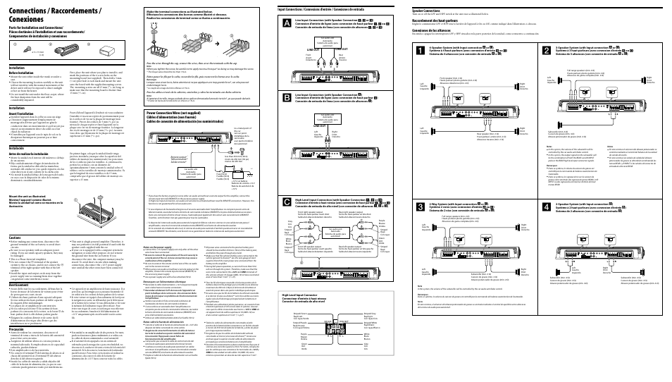 Connections / raccordements / conexiones, Speaker connections, Raccordement des haut-parleurs | Conexiones de los altavoces, Installation, Instalación, Cautions, Avertissement, Precaución, Before installation | Sony XM-ZR704 User Manual | Page 2 / 2