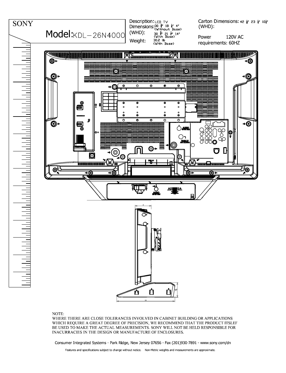 Carton dimensions: 42 i' eb j- loj' (whd), Power 120v ac requirements: 60hz, Model | Bmwhiii—hi—reii, Sony | Sony KDL-26N4000 User Manual | Page 2 / 2