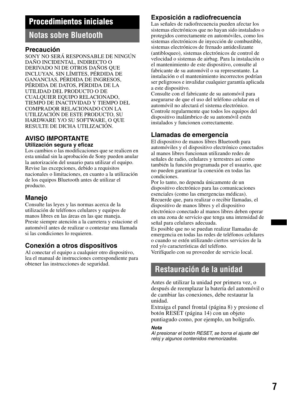 Procedimientos iniciales, Notas sobre bluetooth, Restauración de la unidad | Notas sobre bluetooth restauración de la unidad, Procedimientos iniciales notas sobre bluetooth | Sony DSX-S300BTX User Manual | Page 105 / 152