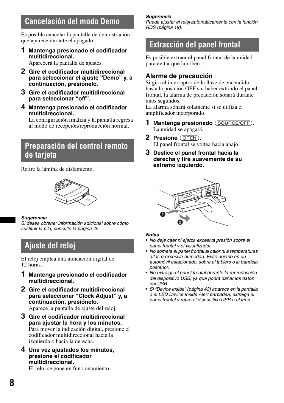 Cancelación del modo demo, Preparación del control remoto de tarjeta, Ajuste del reloj | Extracción del panel frontal | Sony DSX-S300BTX User Manual | Page 106 / 152