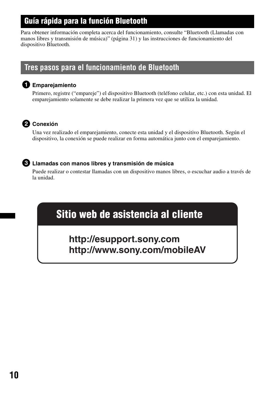 Guía rápida para la función bluetooth, Tres pasos para el funcionamiento de bluetooth, Sitio web de asistencia al cliente | Sony DSX-S300BTX User Manual | Page 108 / 152
