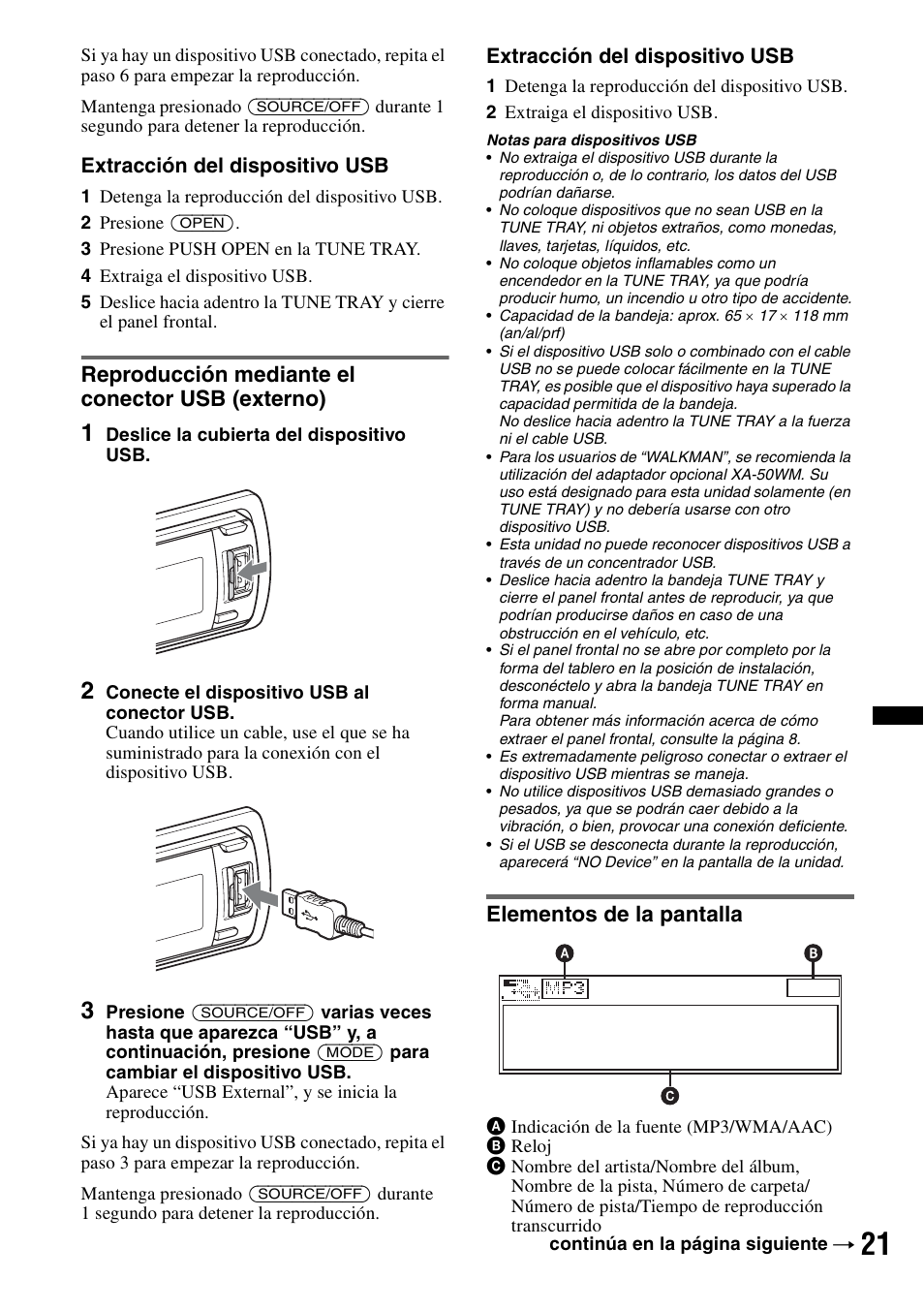 Reproducción mediante el conector usb (externo), Elementos de la pantalla | Sony DSX-S300BTX User Manual | Page 119 / 152