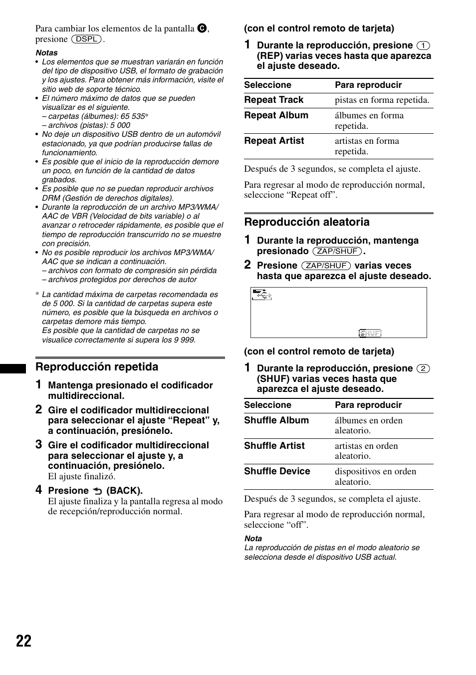 Reproducción repetida, Reproducción aleatoria, Reproducción repetida reproducción aleatoria | Sony DSX-S300BTX User Manual | Page 120 / 152