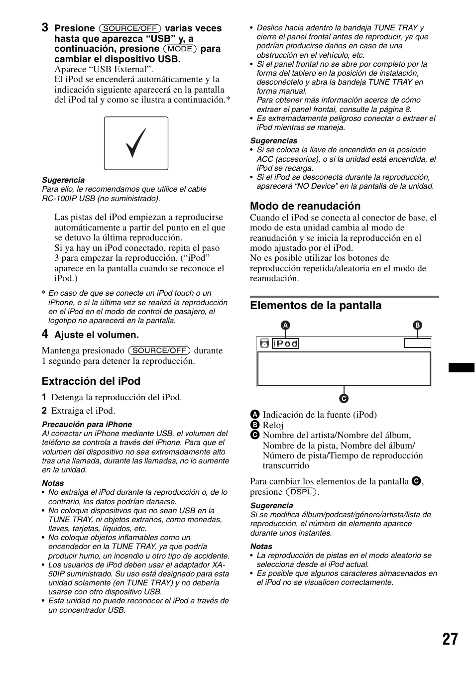 Elementos de la pantalla, Extracción del ipod, Modo de reanudación | Sony DSX-S300BTX User Manual | Page 125 / 152