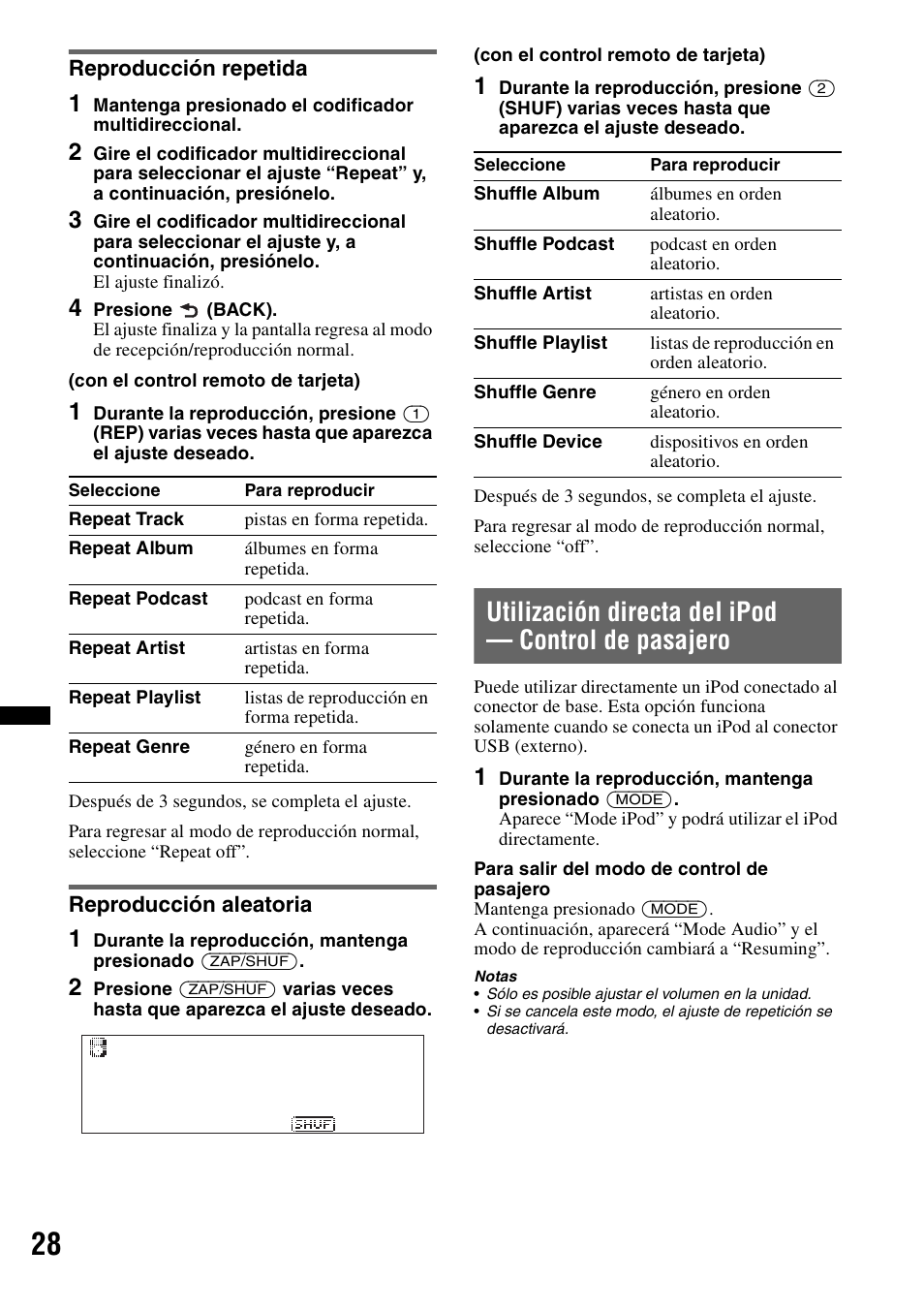 Reproducción repetida, Reproducción aleatoria, Utilización directa del ipod - control de pasajero | Reproducción repetida reproducción aleatoria, Utilización directa del ipod — control de pasajero | Sony DSX-S300BTX User Manual | Page 126 / 152