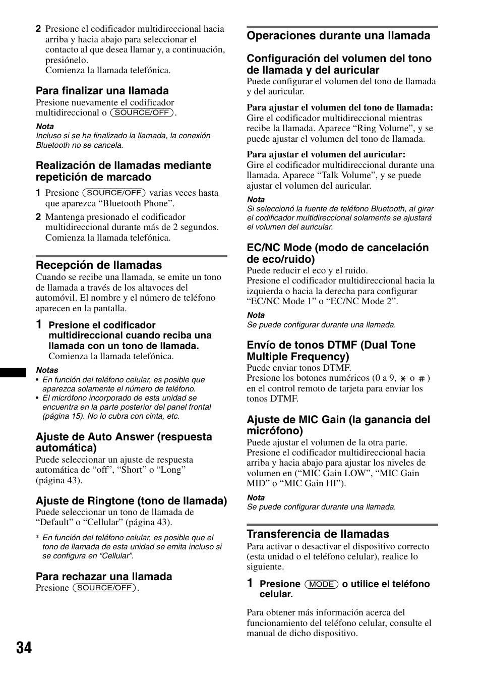 Recepción de llamadas, Operaciones durante una llamada, Transferencia de llamadas | Sony DSX-S300BTX User Manual | Page 132 / 152