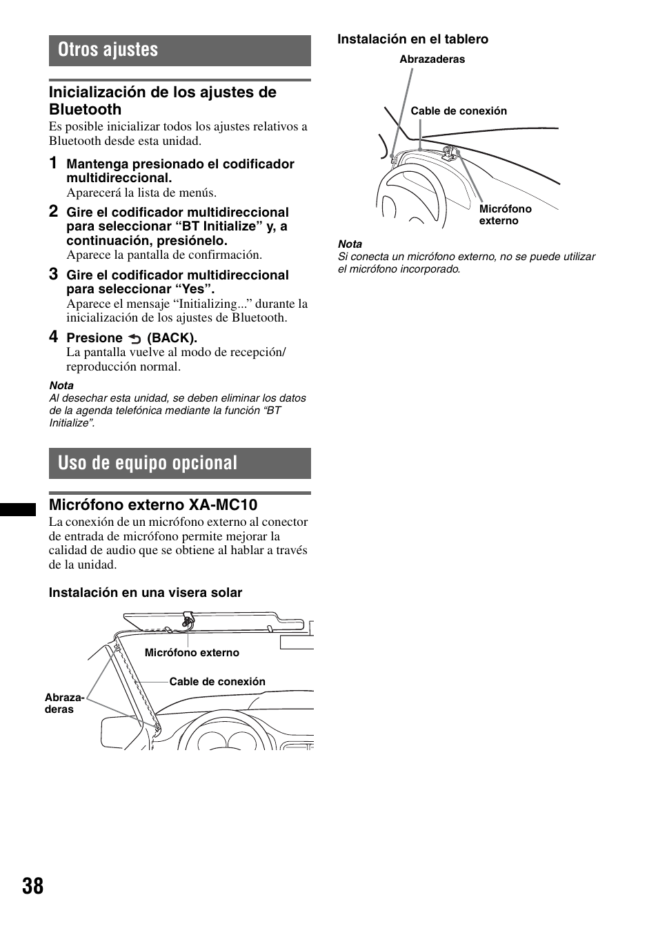 Otros ajustes, Inicialización de los ajustes de bluetooth, Uso de equipo opcional | Micrófono externo xa-mc10 | Sony DSX-S300BTX User Manual | Page 136 / 152