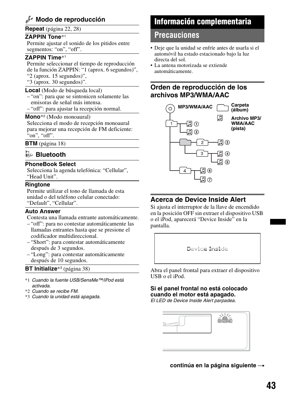 Información complementaria, Precauciones, Orden de reproducción de los archivos mp3/wma/aac | Acerca de device inside alert, Información complementaria precauciones | Sony DSX-S300BTX User Manual | Page 141 / 152