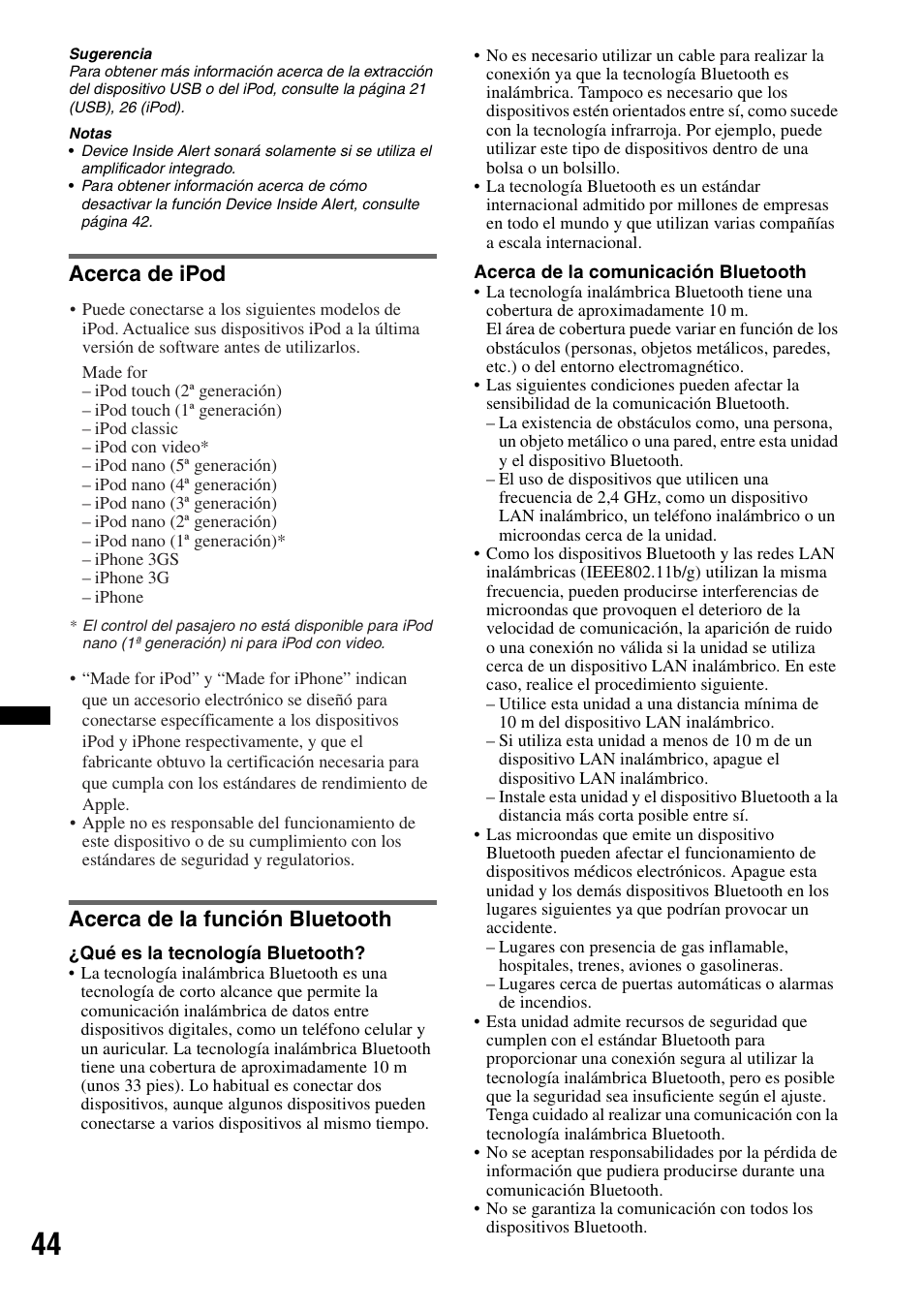 Acerca de ipod, Acerca de la función bluetooth, Acerca de ipod acerca de la función bluetooth | Sony DSX-S300BTX User Manual | Page 142 / 152