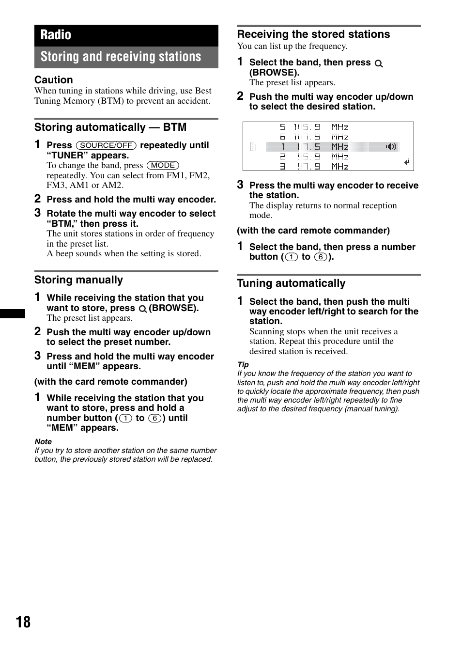 Radio, Storing and receiving stations, Storing automatically - btm | Storing manually, Receiving the stored stations, Tuning automatically, Radio storing and receiving stations | Sony DSX-S300BTX User Manual | Page 18 / 152