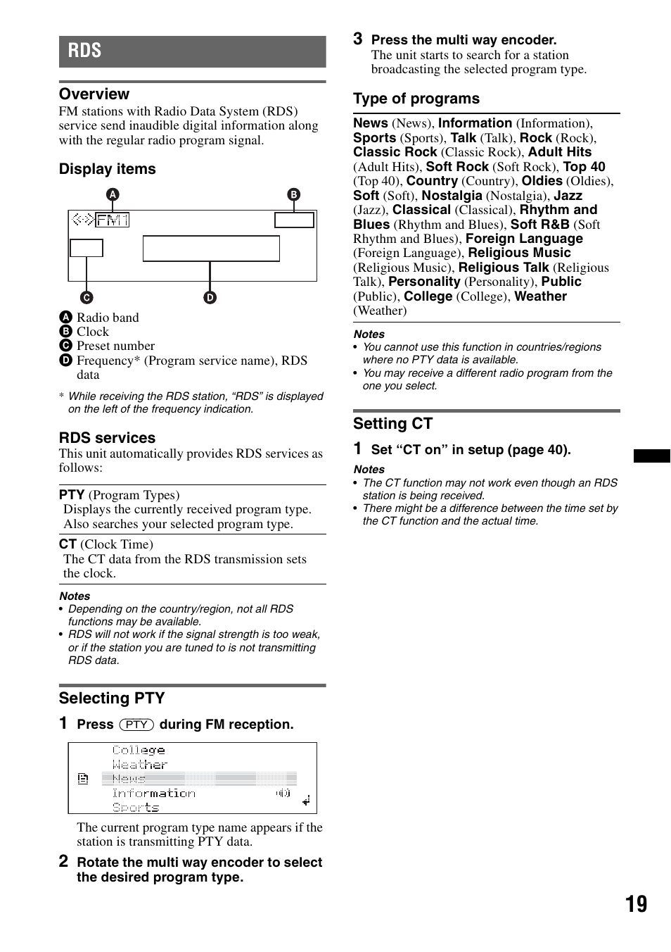 Overview, Selecting pty, Setting ct | Overview selecting pty setting ct | Sony DSX-S300BTX User Manual | Page 19 / 152