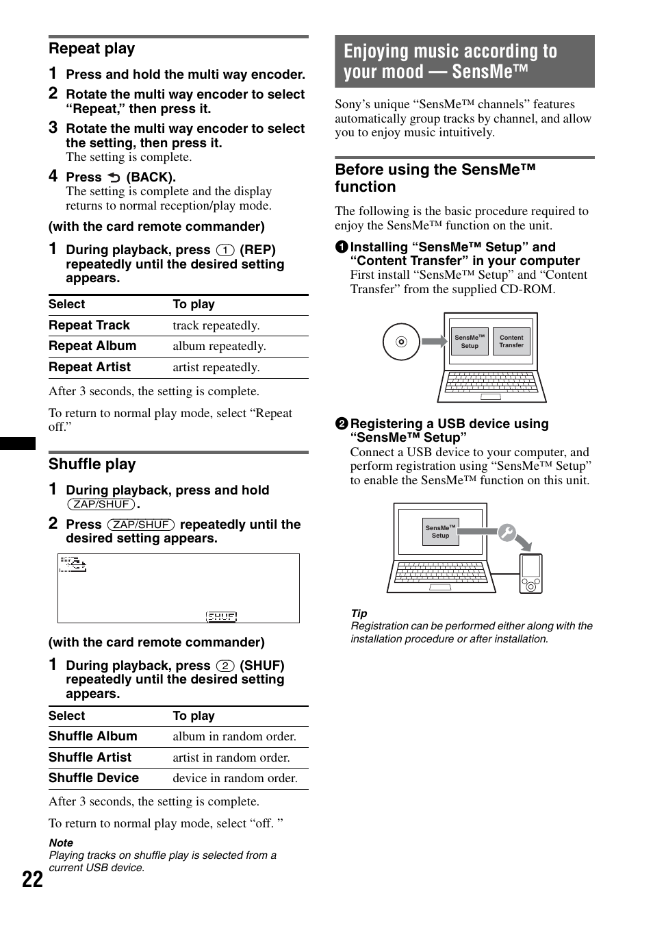 Repeat play, Shuffle play, Enjoying music according to your mood - sensme | Before using the sensme™ function, Repeat play shuffle play, Enjoying music according to your mood — sensme | Sony DSX-S300BTX User Manual | Page 22 / 152