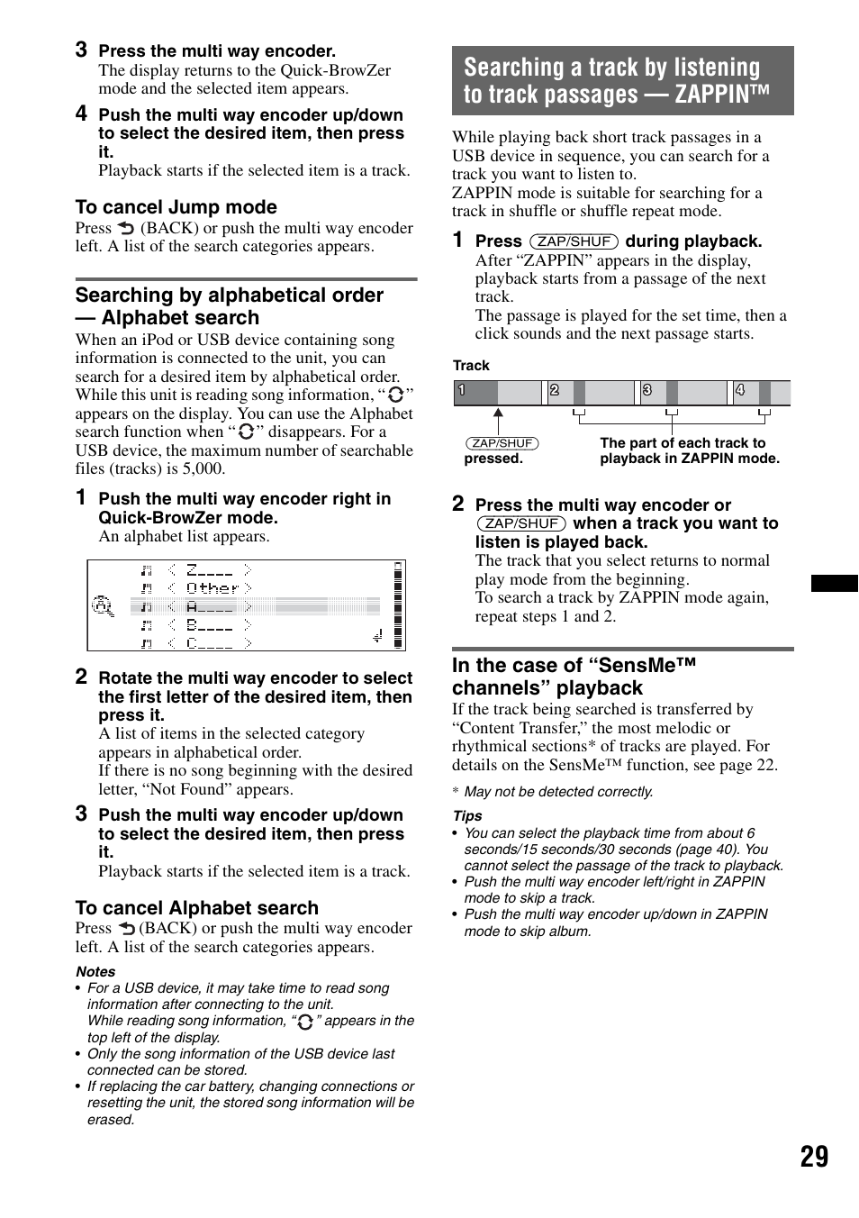 Searching by alphabetical order - alphabet search, In the case of “sensme™ channels” playback, Searching by alphabetical order — alphabet search | Sony DSX-S300BTX User Manual | Page 29 / 152