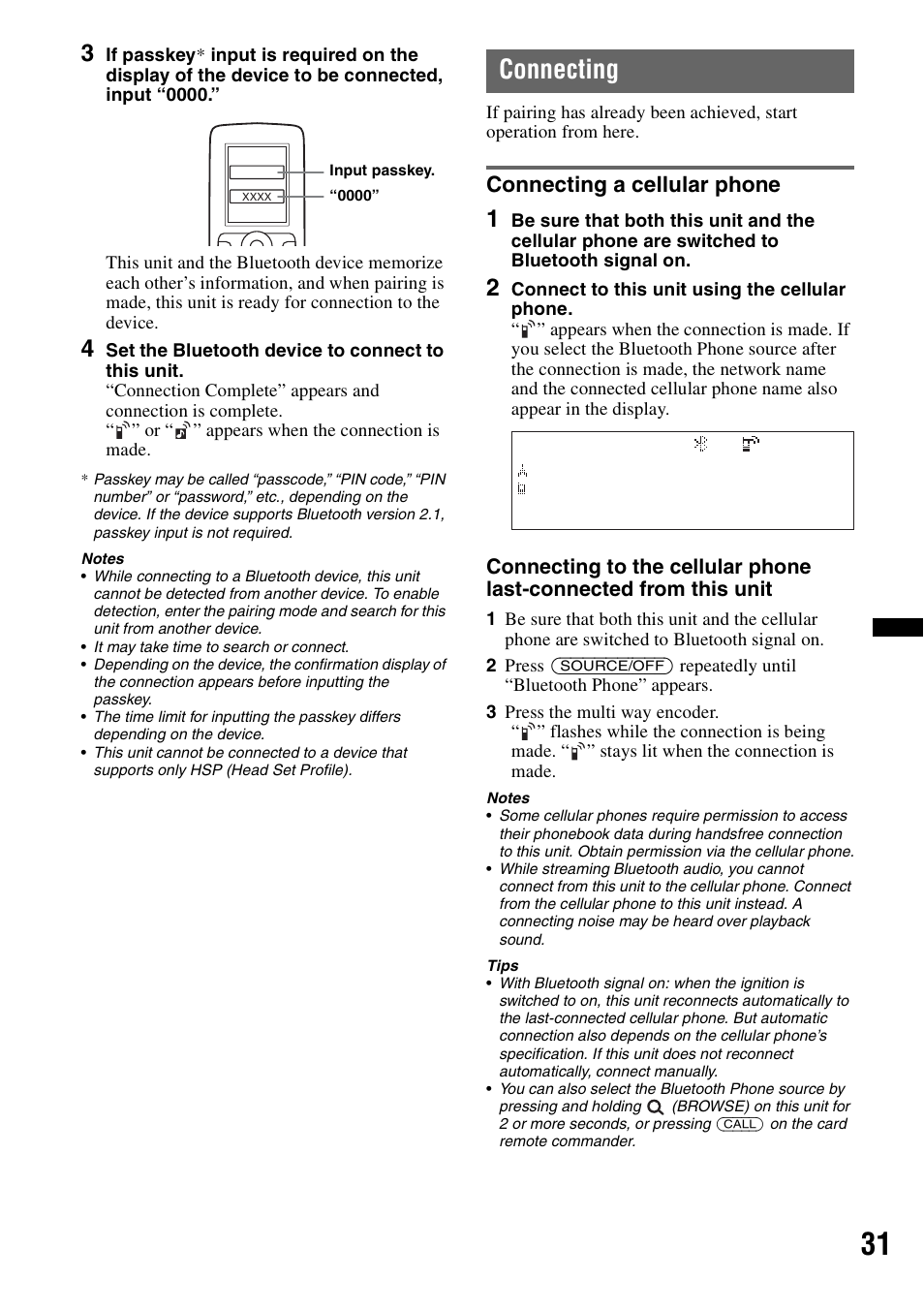 Connecting, Connecting a cellular phone | Sony DSX-S300BTX User Manual | Page 31 / 152