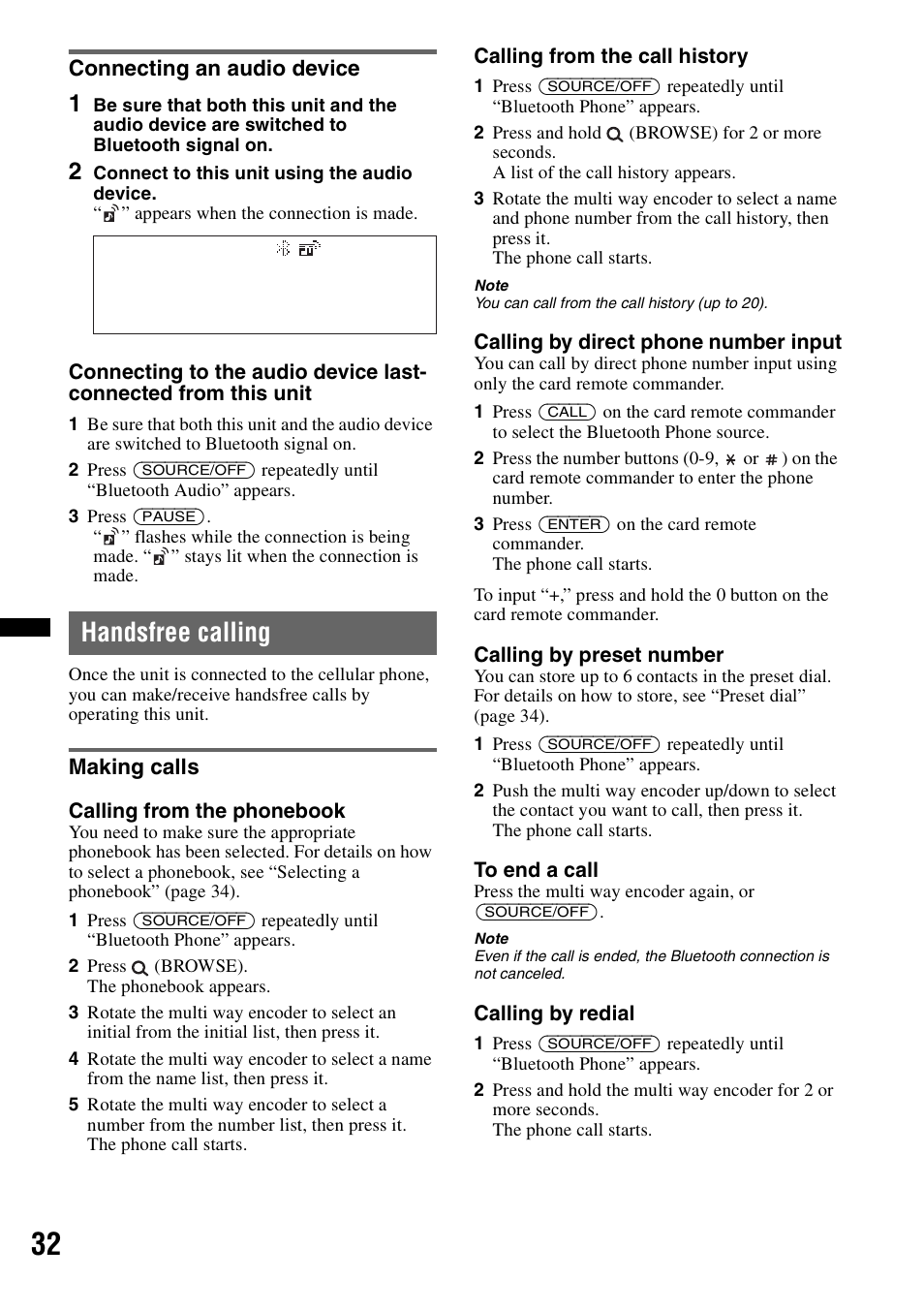 Connecting an audio device, Handsfree calling, Making calls | Sony DSX-S300BTX User Manual | Page 32 / 152
