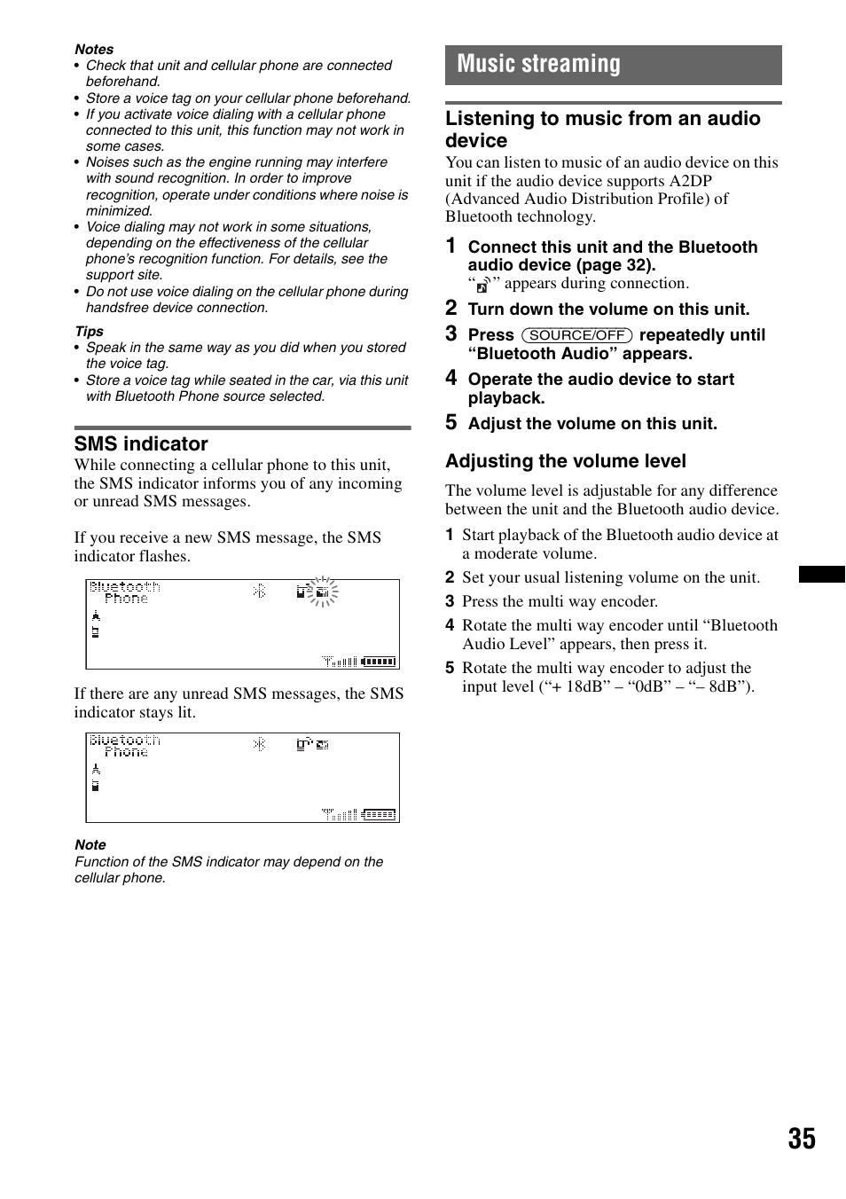 Sms indicator, Music streaming, Listening to music from an audio device | Sony DSX-S300BTX User Manual | Page 35 / 152