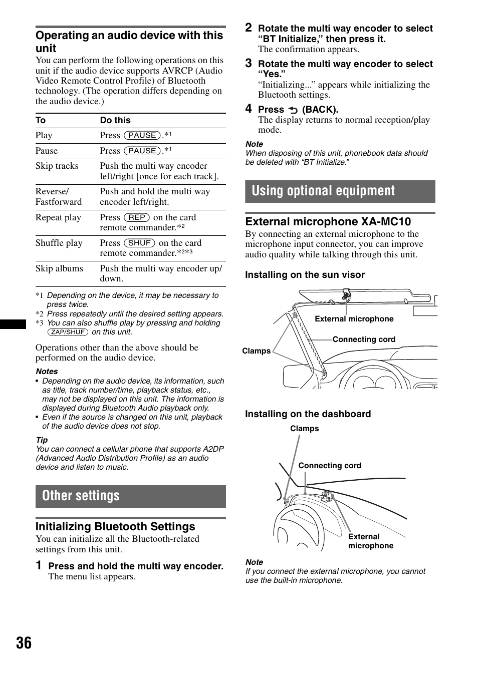 Operating an audio device with this unit, Other settings, Initializing bluetooth settings | Using optional equipment, External microphone xa-mc10 | Sony DSX-S300BTX User Manual | Page 36 / 152