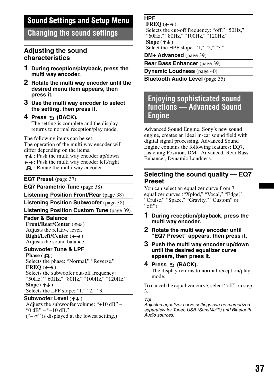 Sound settings and setup menu, Changing the sound settings, Adjusting the sound characteristics | Selecting the sound quality - eq7 preset, Selecting the sound quality — eq7 preset | Sony DSX-S300BTX User Manual | Page 37 / 152