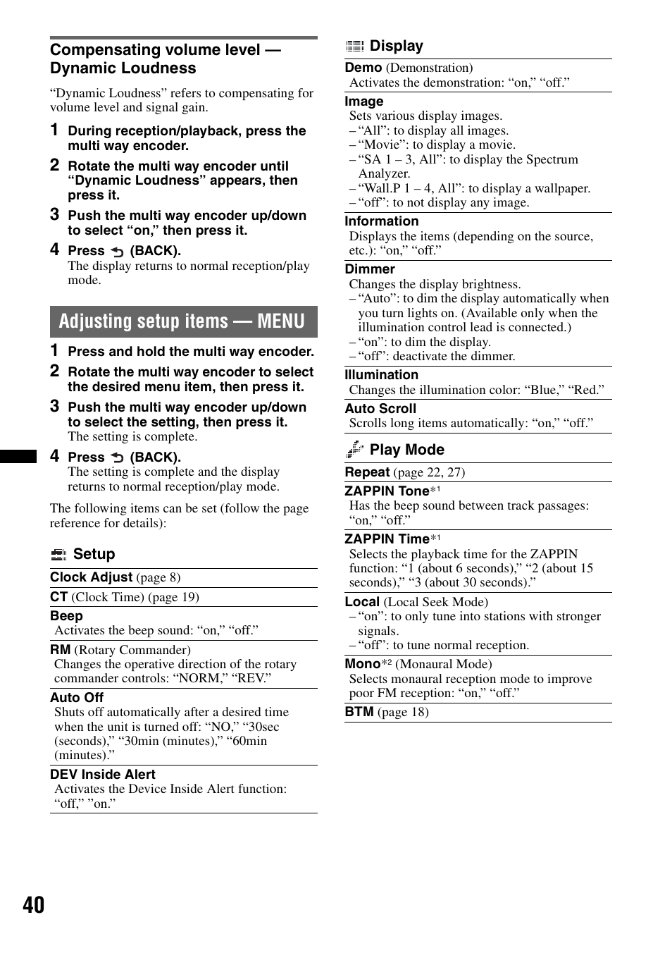 Compensating volume level - dynamic loudness, Adjusting setup items - menu, Compensating volume level — dynamic loudness | Adjusting setup items — menu | Sony DSX-S300BTX User Manual | Page 40 / 152