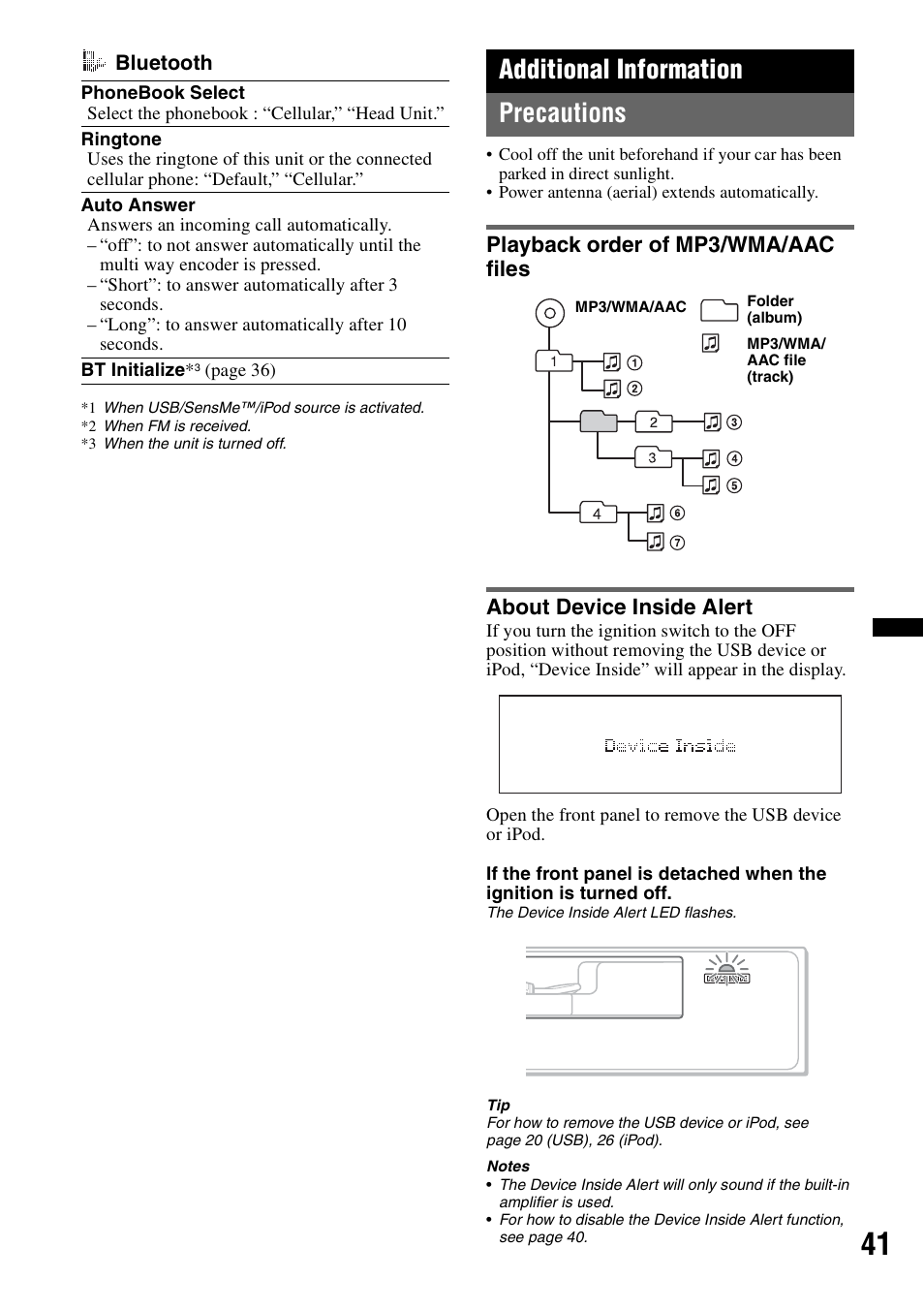 Additional information, Precautions, Playback order of mp3/wma/aac files | About device inside alert, Additional information precautions | Sony DSX-S300BTX User Manual | Page 41 / 152