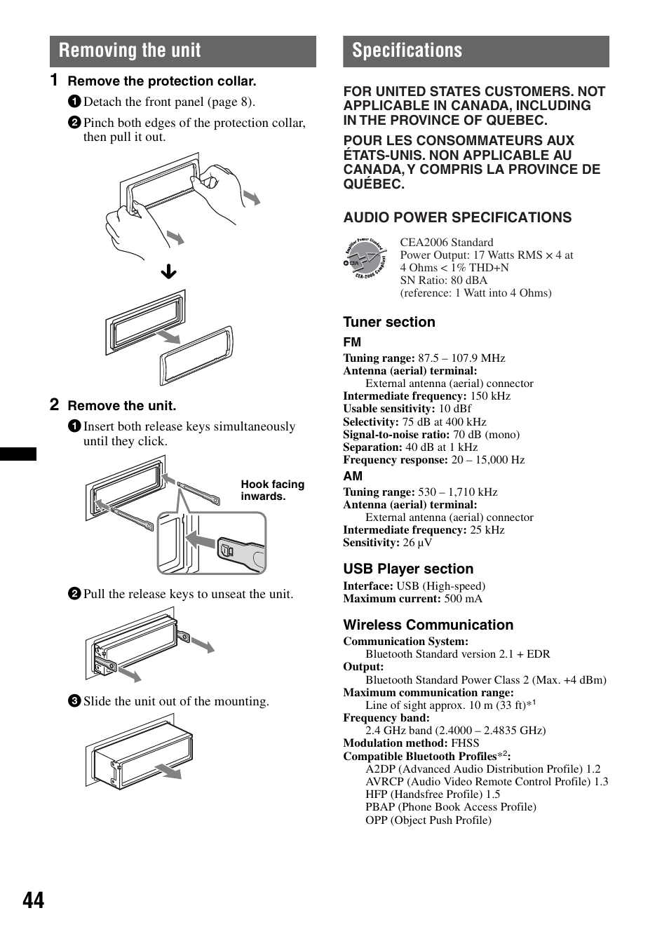 Removing the unit, Specifications, Removing the unit specifications | Sony DSX-S300BTX User Manual | Page 44 / 152